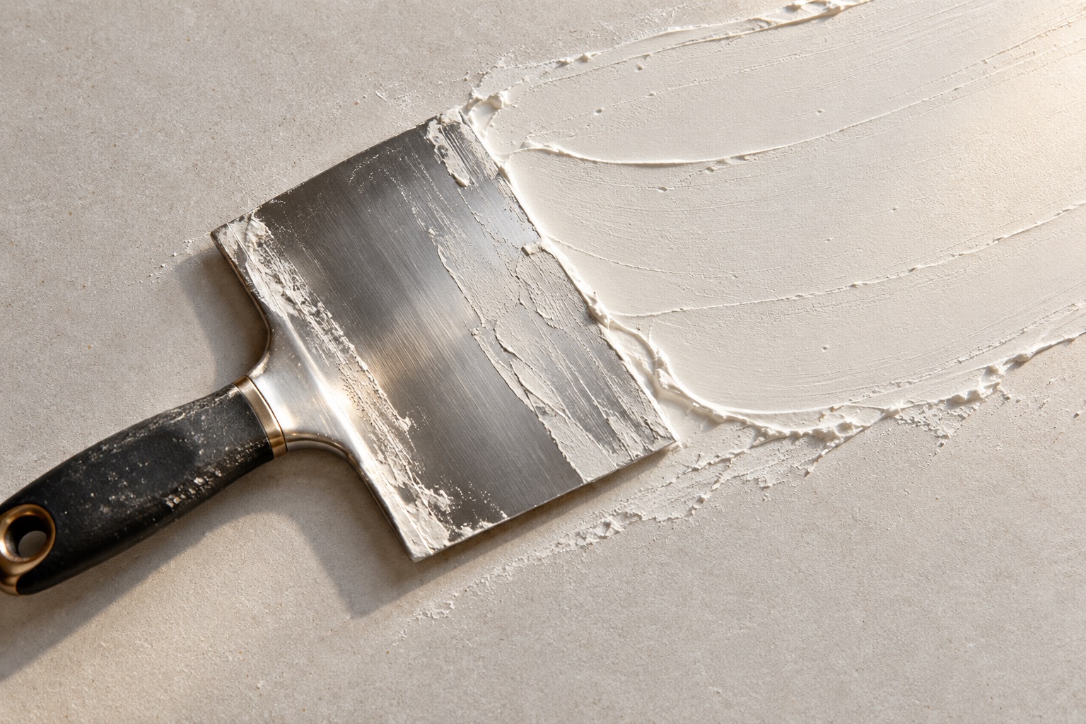 Illustrative AI study of a drywall knife and white joint compound